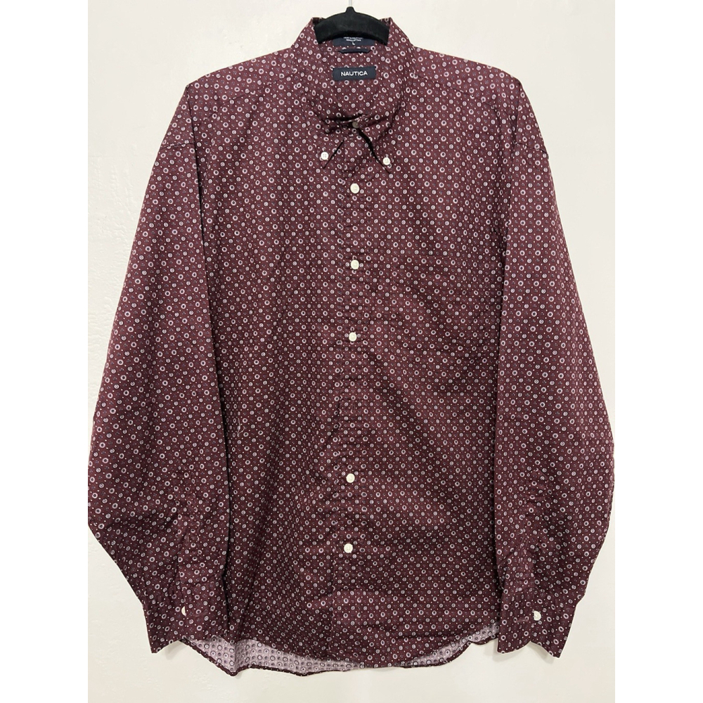 Vintage Nautica Red Blue Medallion Circle Print Button Long Sleeve‎ Shirt L